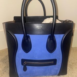 CELINE Royal Blue Tri-Color Nubuck and Calfskin Leather Mini Luggage Tote Bag